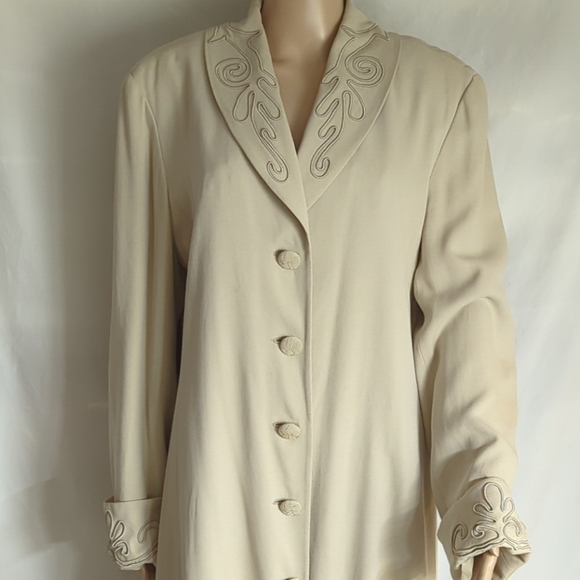 Vintage Past Times Silk Duster Coat Sz XL Creamy Tan Cuffed Sleeves Lined Scroll - Picture 2 of 16